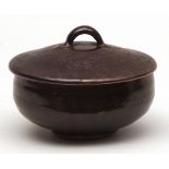 Bernard Leach Studio covered circular pot in plain brown glaze, the foot and body each impressed