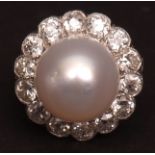 Precious metal cultured peal and diamond cluster ring, the large silver grey cultured pearl (11mm