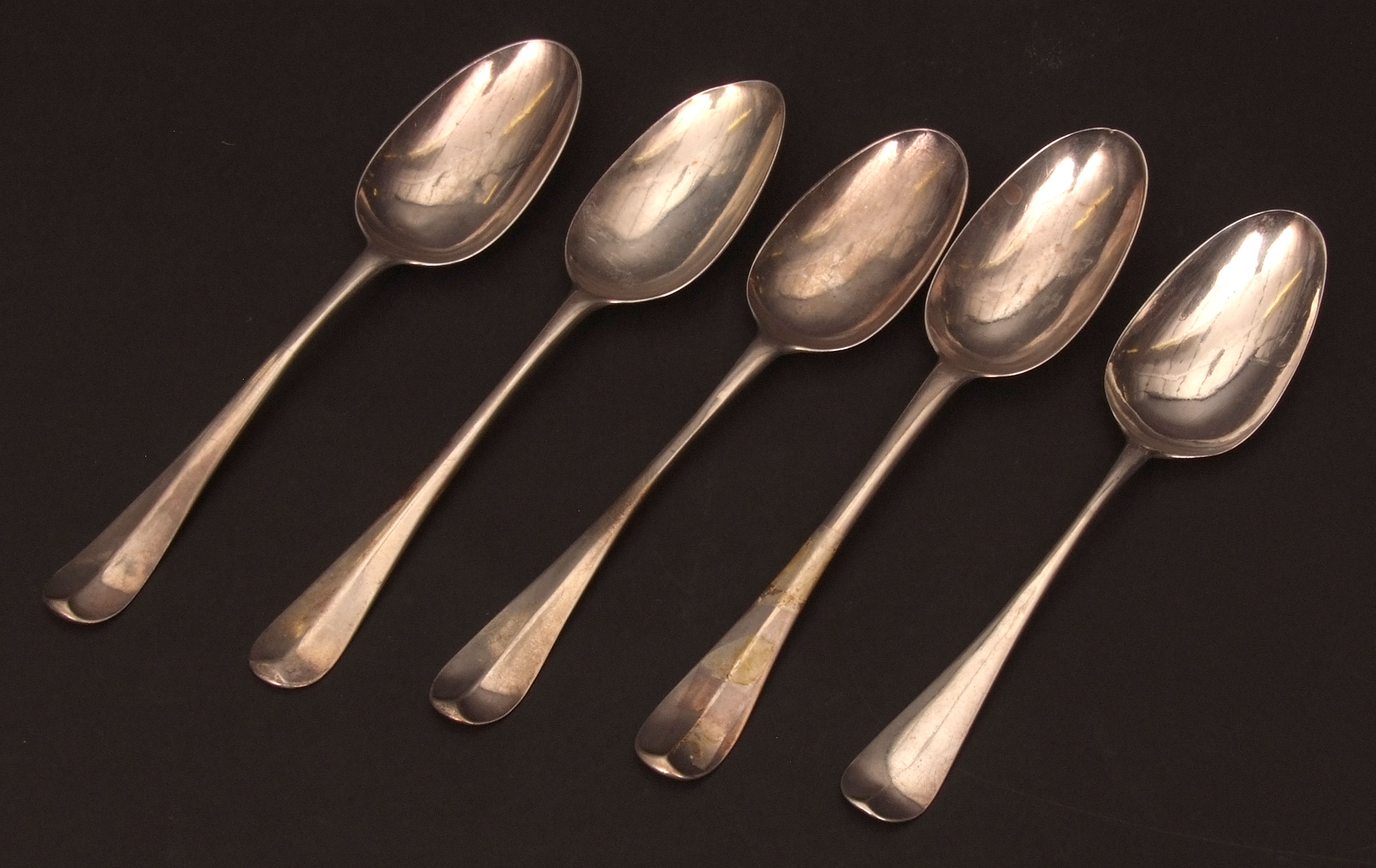 Mixed Lot: five various bottom struck Hanoverian pattern tablespoons, various dates and makers (5)