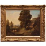 ENGLISH SCHOOL (19TH CENTURY) Country landscapes with figures, cows and cottage pair of oils on