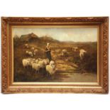 FRANS VAN LEEMPUTTEN (1850-1914, BELGIAN) Shepherdess with sheep by a stream oil on canvas, signed