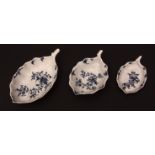 Three Lowestoft pickle dishes c1765 with moulded, fluted bodies and stalk handles painted in dark