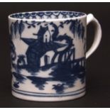 A rare Lowestoft coffee can c1760 painted in dark blue with a Chinese garden scene to one side and