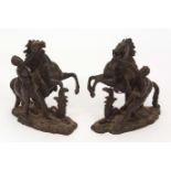 After Moreau, pair of signed bronze studies of Marley horses and their handlers, 7ins high