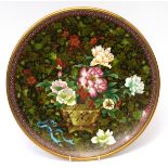 Good quality Chinese cloisonn enamel circular footed dish decorated with a basket of peony and
