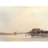 *GODFREY SAYERS (20TH CENTURY, BRITISH) Estuary scene with boats by a boathouse watercolour,