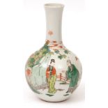 Chinese famille vert vase of bottle form, depicting courtiers in a garden setting, iron red leaf