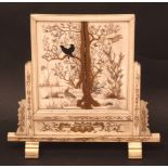 Japanese ivory Shibayama and gold lacquer table screen, depicting crows and other birds perched in a