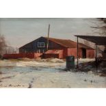 IAN HOUSTON (BORN 1934, BRITISH) "Winter Fuel (Barns Bear North Walsham)" oil on board, signed lower