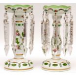 Pair of decorative French overlaid glass lustres, each painted with floral sprigs and sprays in