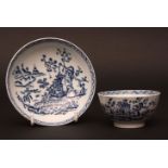 A tea bowl & saucer c1780 transfer printed with the pagoda with man crossing bridge print within a