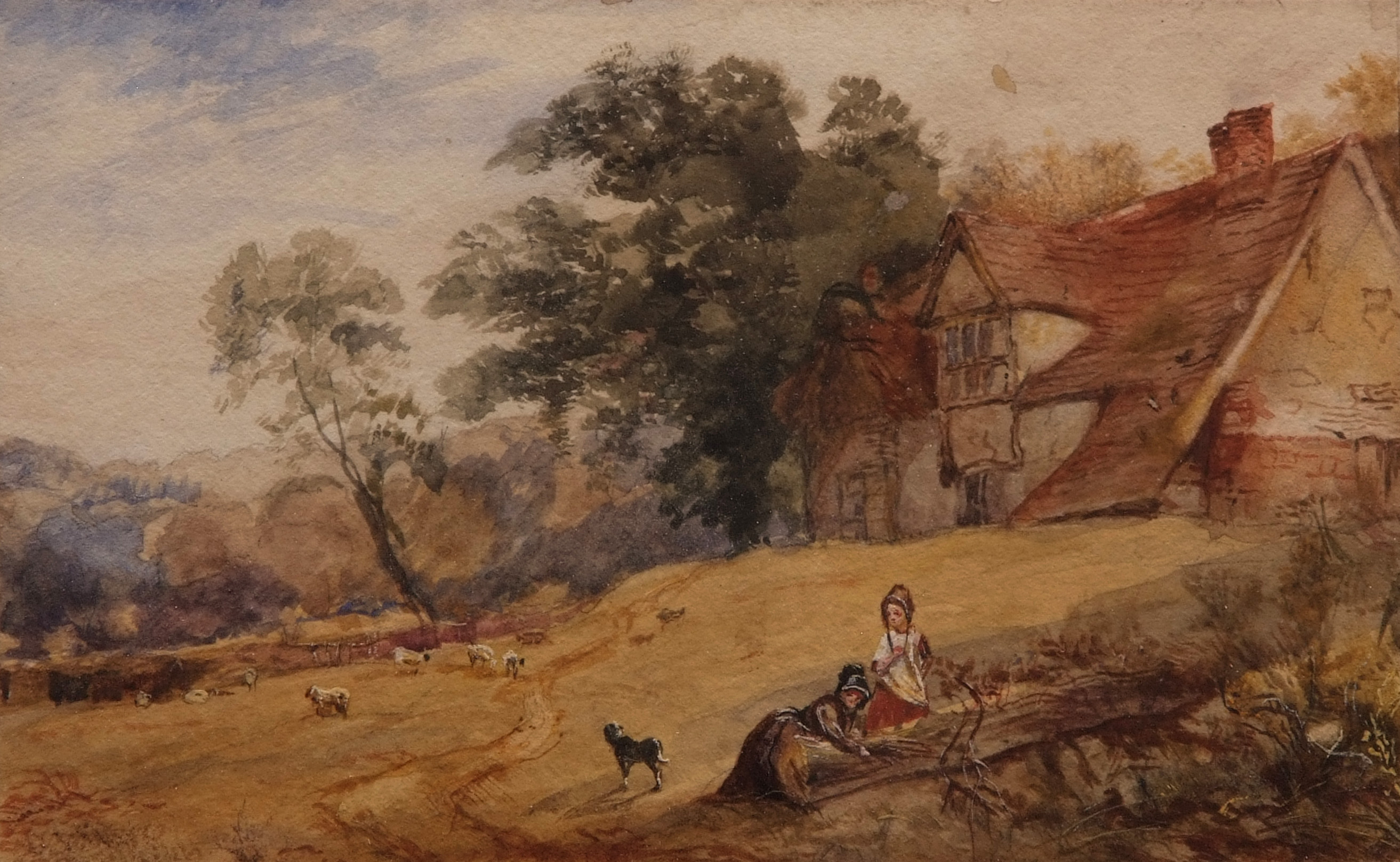 ARTHUR JAMES STARK (1831-1902, BRITISH) Mother, child and dog before a cottage watercolour 4 x 6 ins