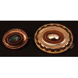 Mixed Lot: Victorian gold oval embossed mourning brooch, with a plain polished oval centre, bead and