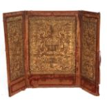 Pine framed two fold screen, applied with earlier lacework panels (probably used as a prop in the