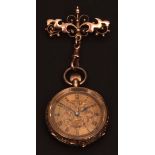 Late 19th/early 20th century Swiss open faced keyless fob watch, the frosted gilt and jewelled