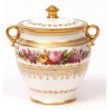 Small Sevres covered pot of circular baluster form, the pull off cover with gilded handle and rim,