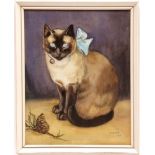 *MABEL GEAR (1900-1997) Siamese cat wearing blue ribbon watercolour, signed and dated 1919 lower