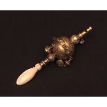 19th century gilt metal and mother of pearl child's combination rattle/whistle, the baluster