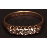Mid-20th century 18ct gold five-stone diamond ring, having five brilliant cut diamonds, claw set