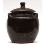 Ray Finch pottery two-handled covered jar of circular baluster form, the lift off cover with knob