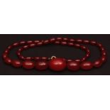 Graduated cherry amber coloured bead single string necklace, with 49 oblong beads (12 to 30mm long