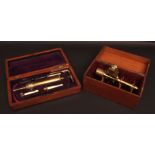 Mixed Lot: mahogany cased lacquered brass enema kit of typical syringe form with flexible hose and