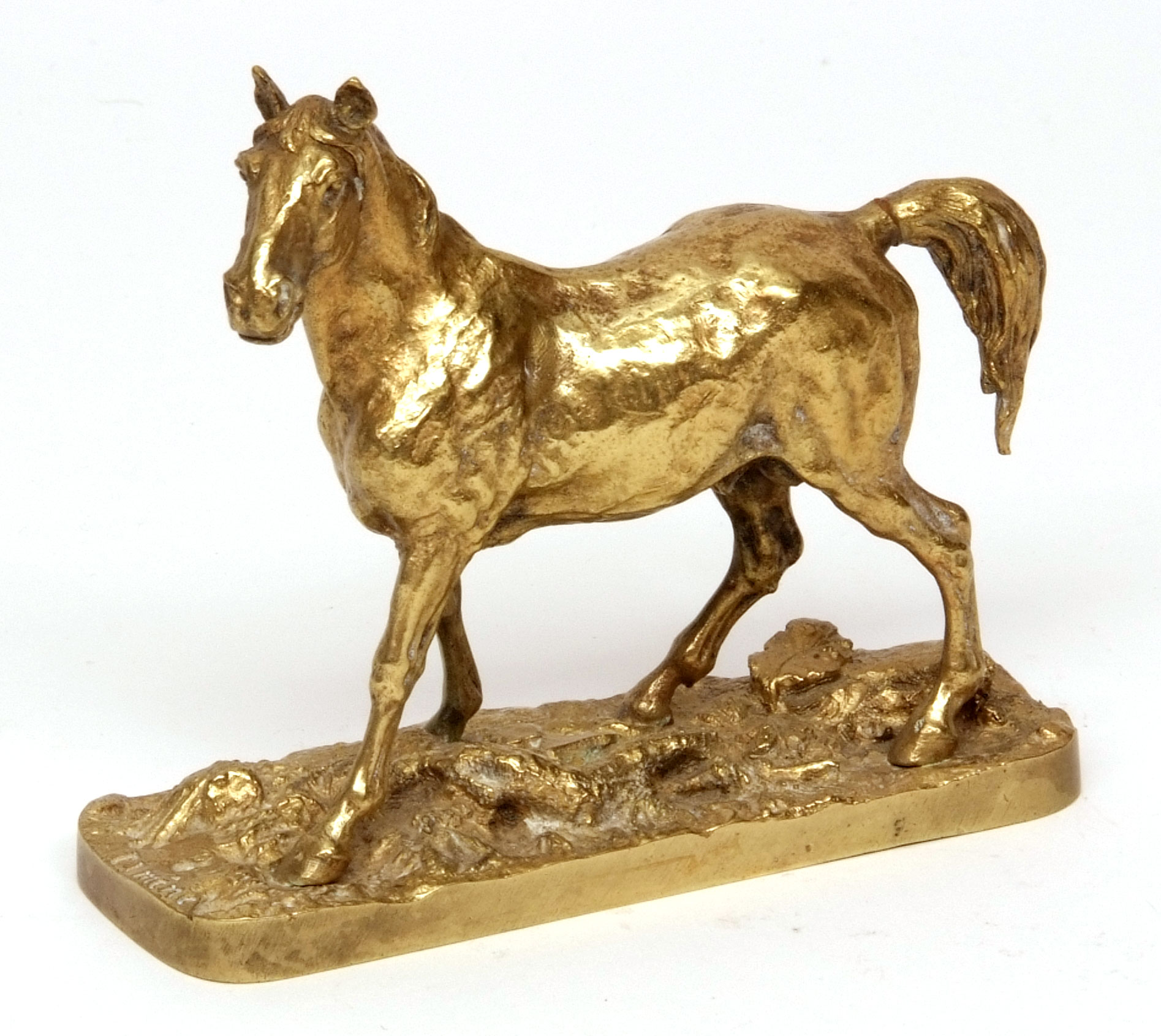 After P J Mene gilt bronze study of a horse, (tail repaired), 5 1/4 ins high