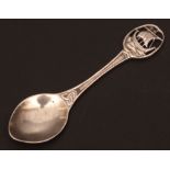 George VI Iona condiment spoon, the polished bowl to waisted stem and finial depicting a sailing