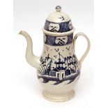18th century English large covered coffee pot, decorated in underglaze blue with a dolls house