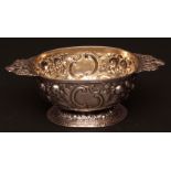 Victorian twin-handled table bowl of oval form with cast and applied pierced and chased floral