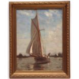 *SIR JOHN ALFRED ARNESBY-BROWN, RA (1866-1953, BRITISH) Sailing boat on the Broads oil on panel,