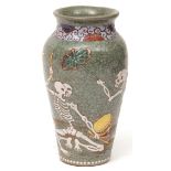 Unusual Japanese studio pottery vase with a rich celadon crackle glaze, slip decorated with three
