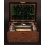 Victorian rosewood vanity box, the fitted silver plate mounted interior with lift out tray and