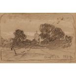 JOHN SELL COTMAN (1782-1842, BRITISH) Landscape with church charcoal drawing, dated August 22 1839 5