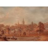 JOHN NINHAM (1754-1817, BRITISH) River landscape with distant church and windmill 7 x 9 1/2 ins