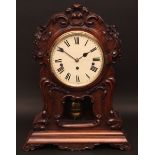 Late 19th century mahogany and walnut cased triple fusee musical bracket clock, the waisted case