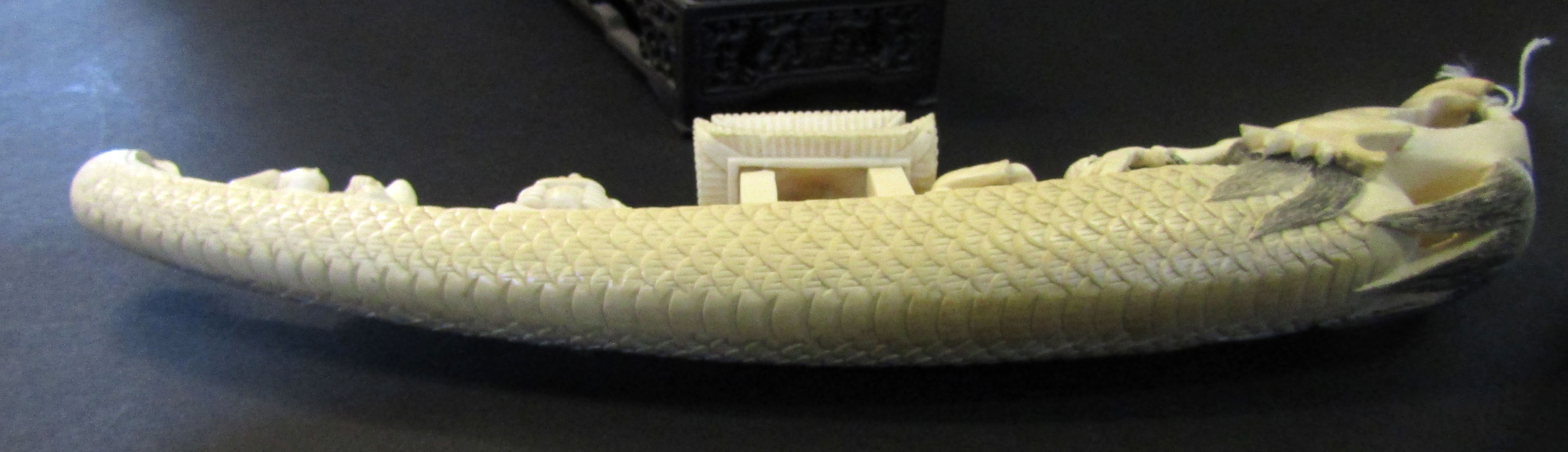 Chinese ivory carving of the lucky gods aboard a dragon pleasure boat set upon a green stained - Image 10 of 11