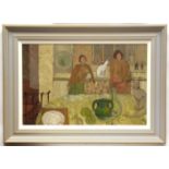 MODERN BRITISH SCHOOL (20th CENTURY)Kitchen Interior with two ladies and cats oil on board 19 x