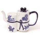 19th century Worcester Aesthetic Movement teapot of geometric form, printed in blue with floral