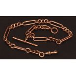 Late 19th century 9ct gold fancy heavy gauge wire work watch chain set with snap swivel and T-bar,