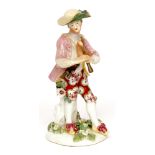 Early Derby model of piper (after the Meissen original), painted in colours throughout, circa