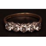 Precious metal five stone diamond ring, the five circular brilliant cut diamonds (1.5ct approx) claw