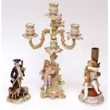 Decorative four-light candelabrum, Dresden figure of a piper with a dog and lamb and a further