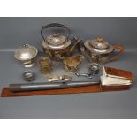 Box: silver plated half-fluted teapot with treen handle and finial, with matching cream jug, and a