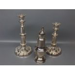 Silver plated bulbous formed sugar caster with stepped finial, together with a pair of silver plated