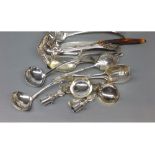 Mixed Lot of silver plated wares: scissor-formed salad servers, ladle, horn-mounted fish servers,