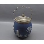 Wedgwood Blue Jasperware biscuit barrel decorated with classical figures with silver plated lid