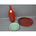 Marselis (Denmark) green glazed bowl, further red dish and spill vase (3)