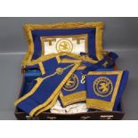 Stitched leather box: assorted Suffolk Masonic regalia, to include cuffs, sash, gloves etc