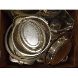 Box: mixed silver plated wares to include oval pair of tureens, two rectangular tureens, three-